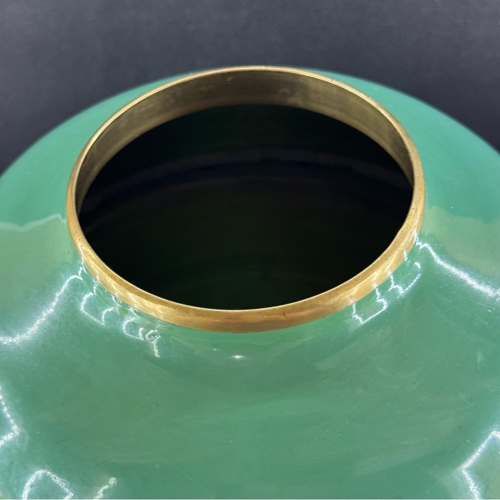 Vintage Green Enamel Over Brass Vase Mother of Pearl Inlay Peacock Bird - Picture 3 of 6